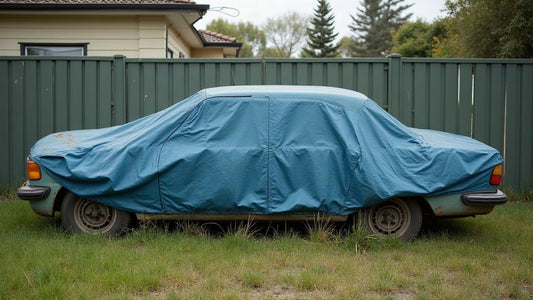 Abandoned car under a tarpaulin in long grass on a private Sydney property
