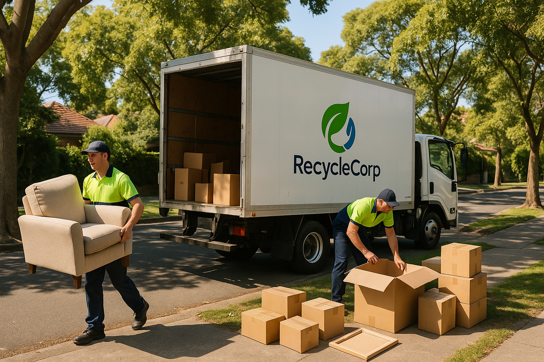 A RecycleCorp crew loading household junk into a removal truck in a Sydney street