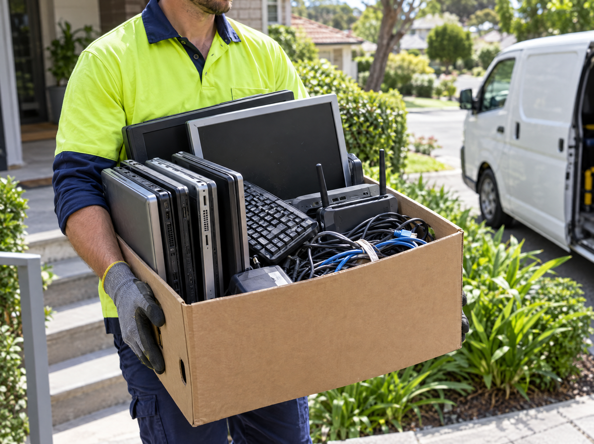 Worker carrying a box of old laptops, monitors, keyboards and cables to the collection van