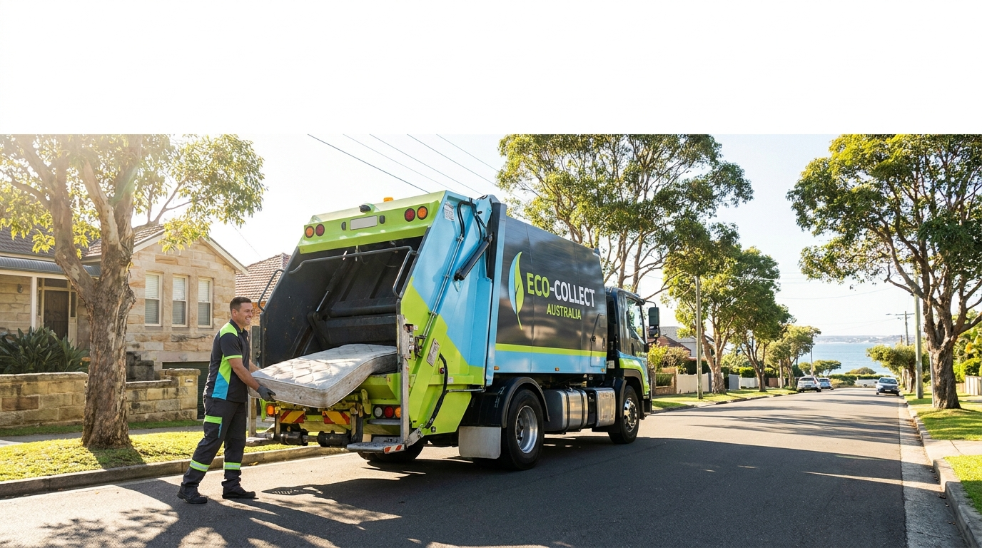 Recycle Corp collection truck picking up a mattress in a Sydney suburb