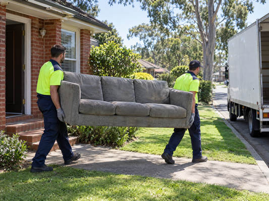 Two removal workers carrying an old grey sofa from a Sydney home to the collection truck