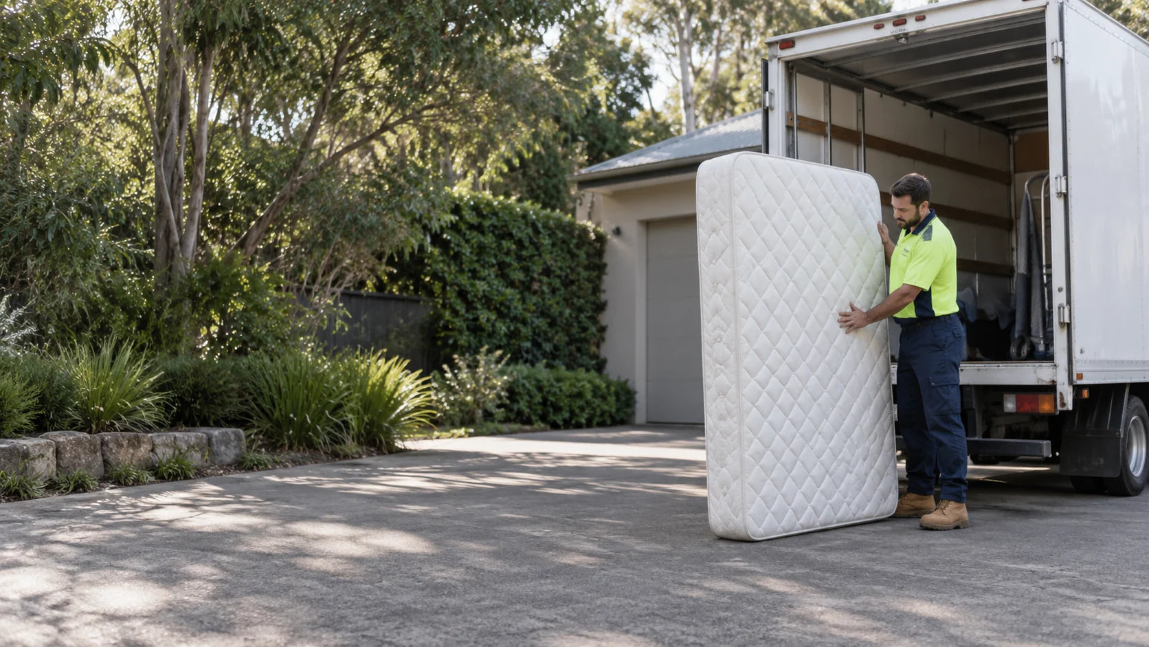 Mattress ready for collection beside a pickup truck